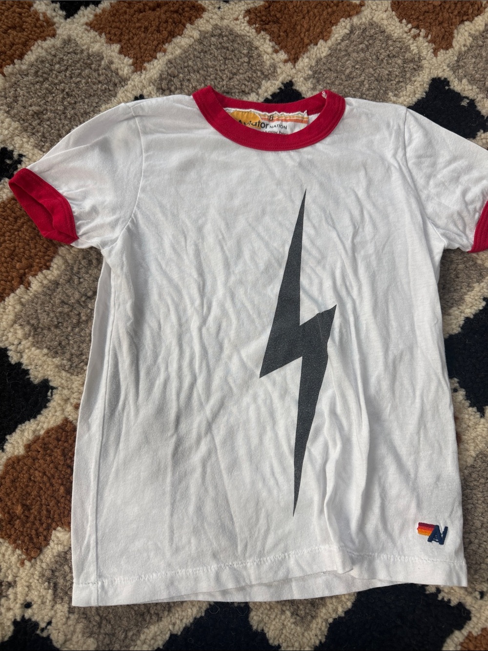 Aviator Nation White Ringer Tee with Red Trim and Black Lightning Bolt
